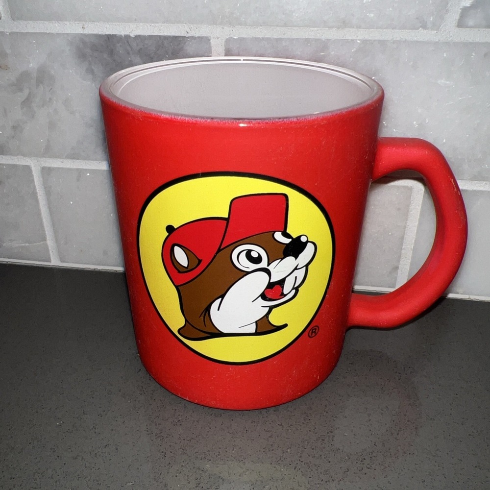 Buc-ees Beaver Logo Red Colored Soft Touch Covered Glass Coffee Cup 12oz